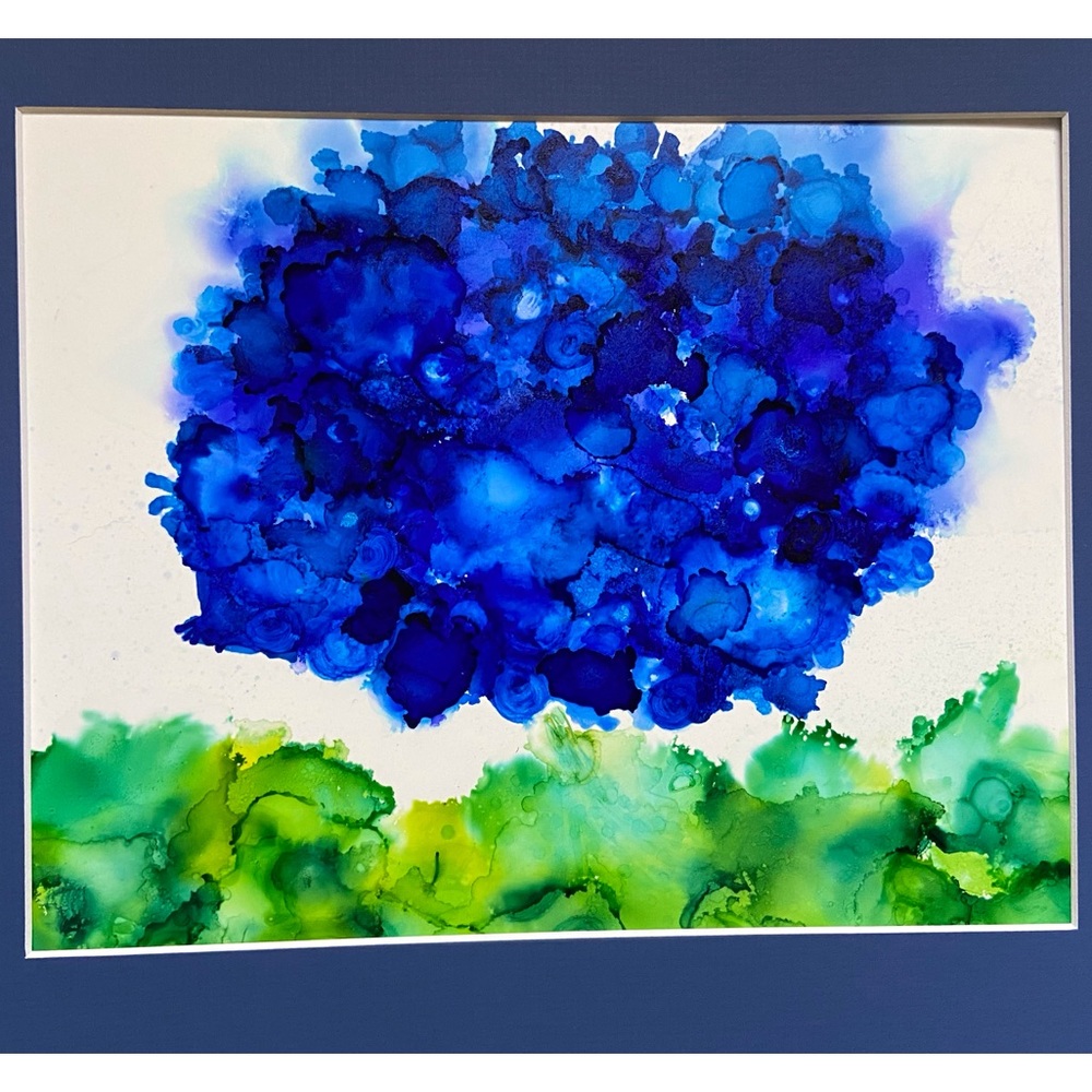 Hand made one of a kind original blue botanical alcohol ink painting